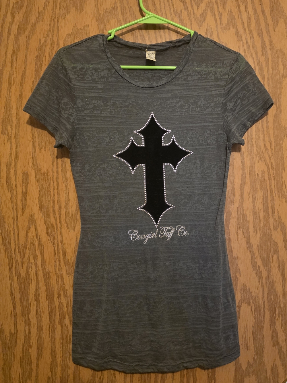 Cowgirl Tuff Gray Distressed Cross Tee with Stud Accents